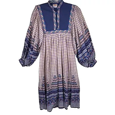 Vtg 70s Kaiser Indian Cotton Gauze Midi Dress Block Print Balloon Sleeve Boho L • $144.95