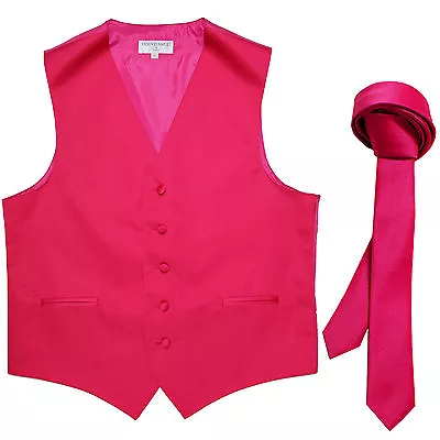 New Men's Solid Tuxedo Vest Waistcoat & 1.5  Skinny Neck Tie Hot Pink Wedding • $22.99