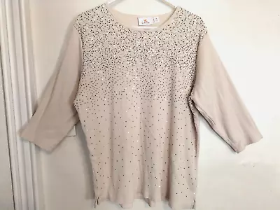 Quacker Factory Womens Blouse 1X Plus Cream Shirt Pullover Top Sequin 3/4 Sleeve • $26