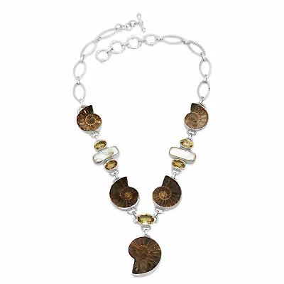 Sterling Silver AmmoniteCitrine And Biwa Pearl Jewelry Necklace/beachParty Gift • £65.88