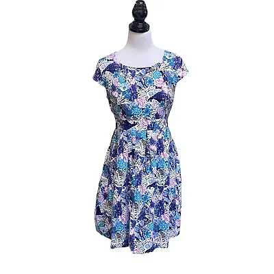 $21.95 • Buy Blue White Floral Dress Size 12 Retro Pleated Aline Party Wedding Event Cotton