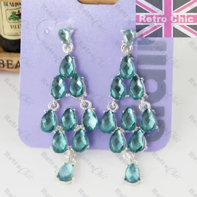 RETRO JEWELLED Chandelier EARRINGS Turquoise Blue Topaz Crystal RHINESTONE BEAD • £2.99