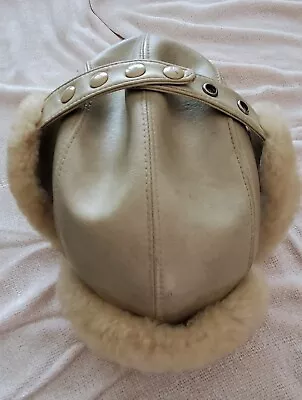 Vintage Sheepskin Leather Tan Men's Mountie Trooper Trapper Hat 7 3/8  • $49.99