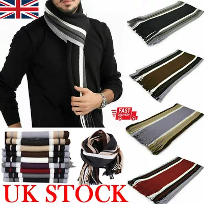 Hot Mens Cashmere Scarf Winter Warm Soft Fringe Striped Tassel Long Shawl Wrap • £6.69