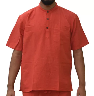 Half Sleeve Grandad Kurta Shirt Men's Cotton Collarless Scarlet Saffron Colour • £13.99