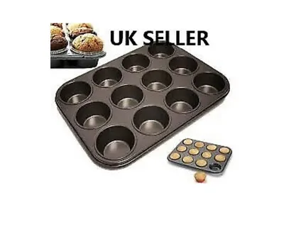 £5.99 • Buy Black Non Stick 12 Cup Baking Tray Deep Bun Tray Tin Cupcake Cake Muffin Pies 