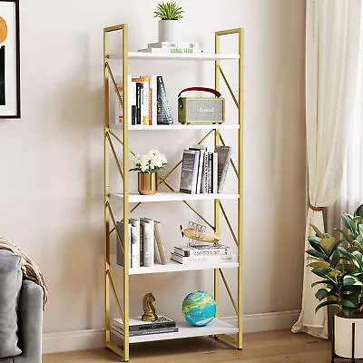 Industrial 5-Tier Gold Bookshelf Rustic Bookcase Display Rack And Storage Shelf • $52.99