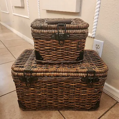 RARE S/2 Pottery Barn Lidded Daytrip SMALL LARGE Rectangular Woven Baskets • $200