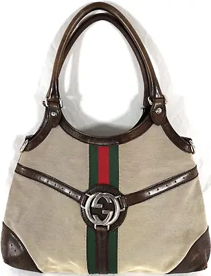 GUCCI 114875 Interlocking Beige Canvas & Brown Leather Trim Hobo Shoulder Bag • £477.40