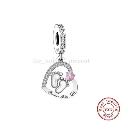 Baby Girl Feet Charm Precious Newborn Baby Shower Dangle Footprint 925 Silver • £15.99