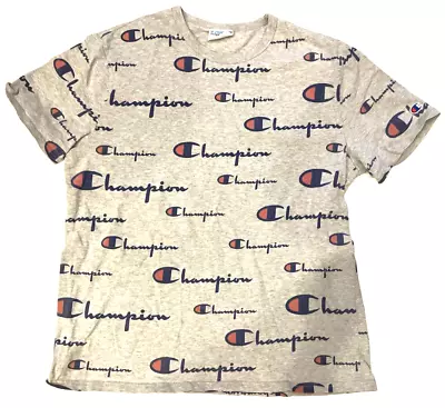 Champion Shirt Mens Large Gray All Over Print Logo Spell Out AOP Adult Vintage • $16.88