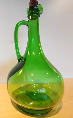 VTG Green Glass Wine Bottle Jug Decanter W/Handle & Cork Stopper WINE WORLD 1976 • $24.99