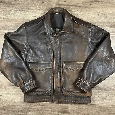 VTG Luis Alvear Heavy Leather Jacket Men's L Brown Zip Biker Bomber Coat 90s • $64.95