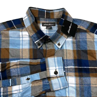 Eddie Bauer Field Flannel Mens Large Button Down Shirt Blue Plaid Long Sleeve • $19.99