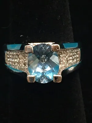 #2335  Laura Ramsey Blue Topaz & Diamond Ring 14K Solid White Gold  Size 5.75 • $699.99