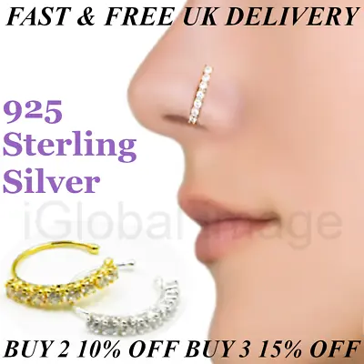 Sterling Silver 925 Diamante Fake Clip On Nose Ring Hoop Small Tragus Cartilage • £2.99