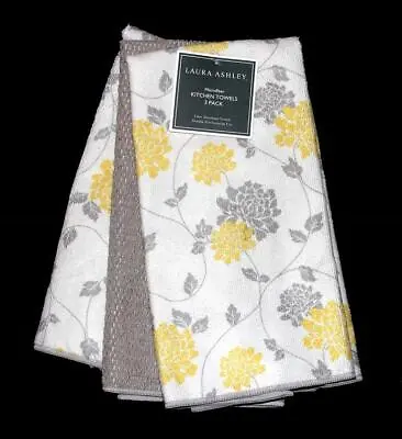 3 Laura Ashley Isadore Yellow Grey Floral Microfiber Kitchen Towels 16 X 26 NWT • $17.99