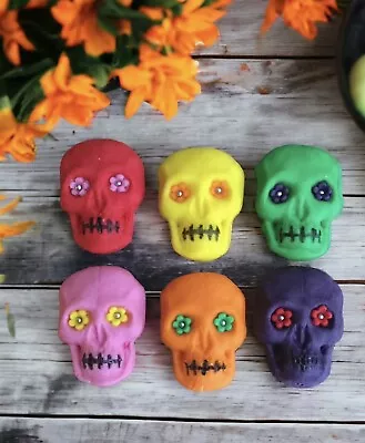 6 Edible Rainbow Skulls Fondant Sugar Cake  Toppers Halloween Birthday Weddings • £6.99