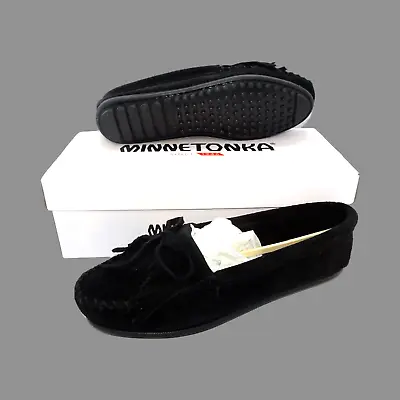 Minnetonka Kilty 400 Fringe Suede Moccasins Black Women's Size 5 269955-001-06 • £24.10