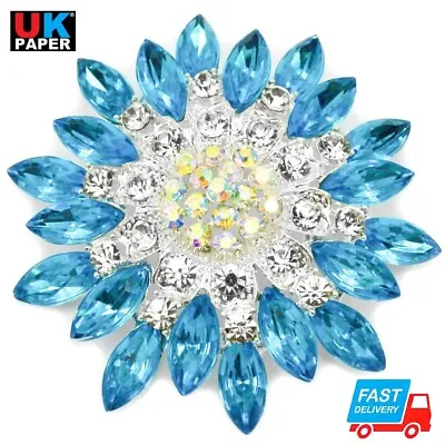 New Large Silver Flower Brooch Blue Turquoise Diamante Crystal Pins Vintage Gift • £6.64