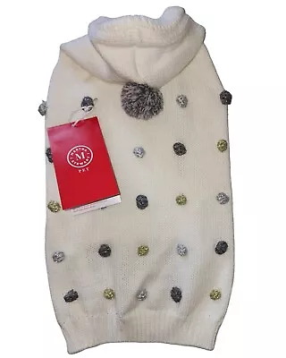 Martha Stewart CreamGold Silver& Gray Pom Pom Hooded Puppy/Dog SweaterMedium • $22