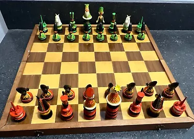 VINTAGE BEAUTIFUL HAND PAINTED FOLK ART CHESS SET- FOGY A.R.- Folding Board • $349.99