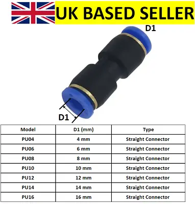 Pneumatic Push In Fitting Air Water Pipe- Straight Connector 4-6-8-10-12-14-16mm • £2.70