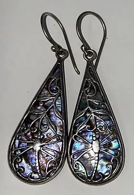 Vintage Dragonfly Sterling Silver 925 Abalone Pearl  Dangle Drop Earrings • $50