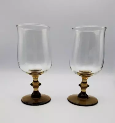 Libbey Water/Wine Glasses In Tulip Brown Stem Vintage 1970's MCM Set Of 2 • $8