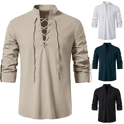 Men's Casual Linen Shirt Long Sleeve Henley Shirt Cotton Hippie Long Sleeve Tops • $20.99