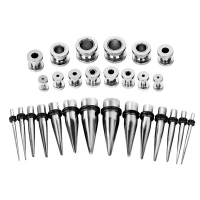 28PCS Ear Gauges Stretching Kit 12G-00G Tapers Tunnels Eyelets Silver 316L Steel • $14.99