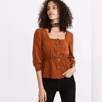 Madewell Brown Button Front Corduroy Square Neck Peplum Top  3/4 Sleeve XS Boho • $17.98