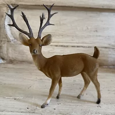 Vintage FLOCKED Deer Figure Decor MCM Eyes 16 Point Buck Brown Christmas • $16.97