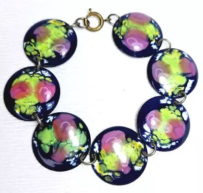 $18 • Buy Vintage Handcrafted Enameled Copper Bracelet Pink Flowers On Dk Blue