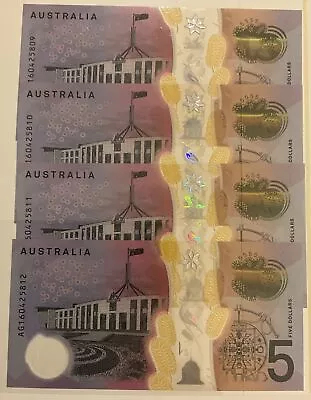 UNC 4x CONSECUTIVE $5  AUSTRALIAN POLYMER BANKNOTES STEVENS FRASER Free Post • $59.90