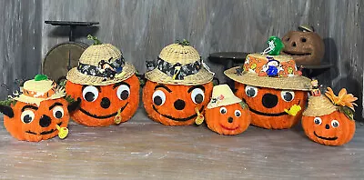 Vintage Halloween Bumpy Chenille JOL Pumpkins Styrofoam Cat Witch Google Eyes • $36