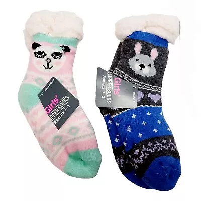 2x Little Girls Rabbit & Panda Bear Slipper Socks-Shoe Size 7-3-Faux Fur Lined • $12.99