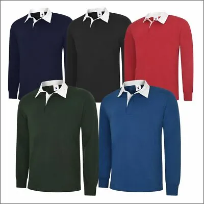 Uneek Long Sleeve Plain Classic Fit Rugby Shirt Casual Men Sports TOP XS-3XL • £15.58