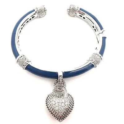 Judith Ripka Sterlinig Silver Blue Enamel CZ Diamonique Heart Bracelet-A2553 • $149.99