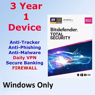 Bitdefender Total Security 2024 - 3 Year For 1 Windows Device - FULL EDITION • $69.99
