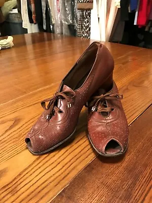 Antique Vintage 1920s BROWN LEATHER SHOES Peep Toe W/Bakelite Ties • $358.92