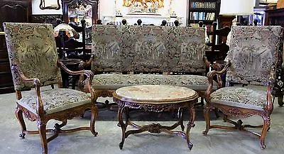 Antique French Louis XV Fauteuil Suite Sofa  2 Arm Chairs Original Tapestry 1860 • $9500