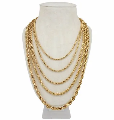 Mens Rope Chain Necklace 2mm To 6mm Wide 14k Gold Plated 16  18  20  22  24  30  • $11.49