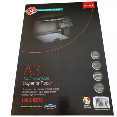 A3 White Paper 80gsm Printer Copier Drawing Graphics Art Craft Prints 100 Sheets • £9.75