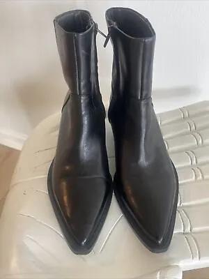 $33 • Buy ZARA BLACK Leather Cowboy Ankle Boots SZ 9 EU40💕 Made In España 🔥
