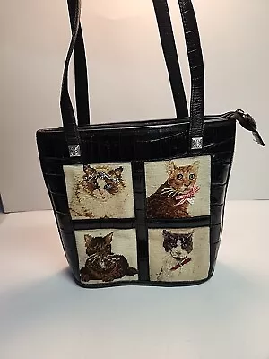 Vtg Brighton FELINE FANTASY Cat Tote Handbag Needlepoint Cats Shoulder Bag Black • $74.99