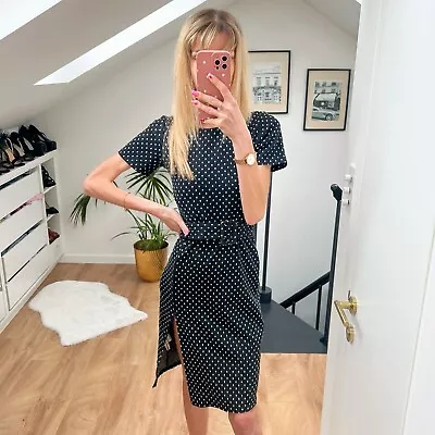 Zara Black White Polka Dot Short Sleeve Fitted Belted Mini Midi Dress S Work • £19.99