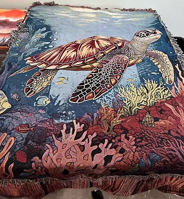 Turtle Fish Ocean Nautical Nature Pictorial Woven Throw Tapestry Blanket 80x60  • $84.99