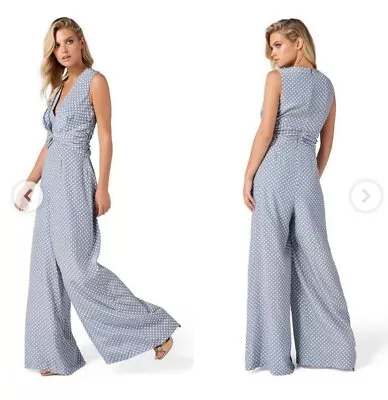 $49 • Buy Thurley Bianca Blue And White Silk Jumpsuit Size 8