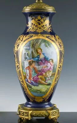 SUPERB C1900 FRENCH SEVRES PARIS PORCELAIN ENAMEL SCENIC BRONZE VASE TABLE LAMP • $58.77